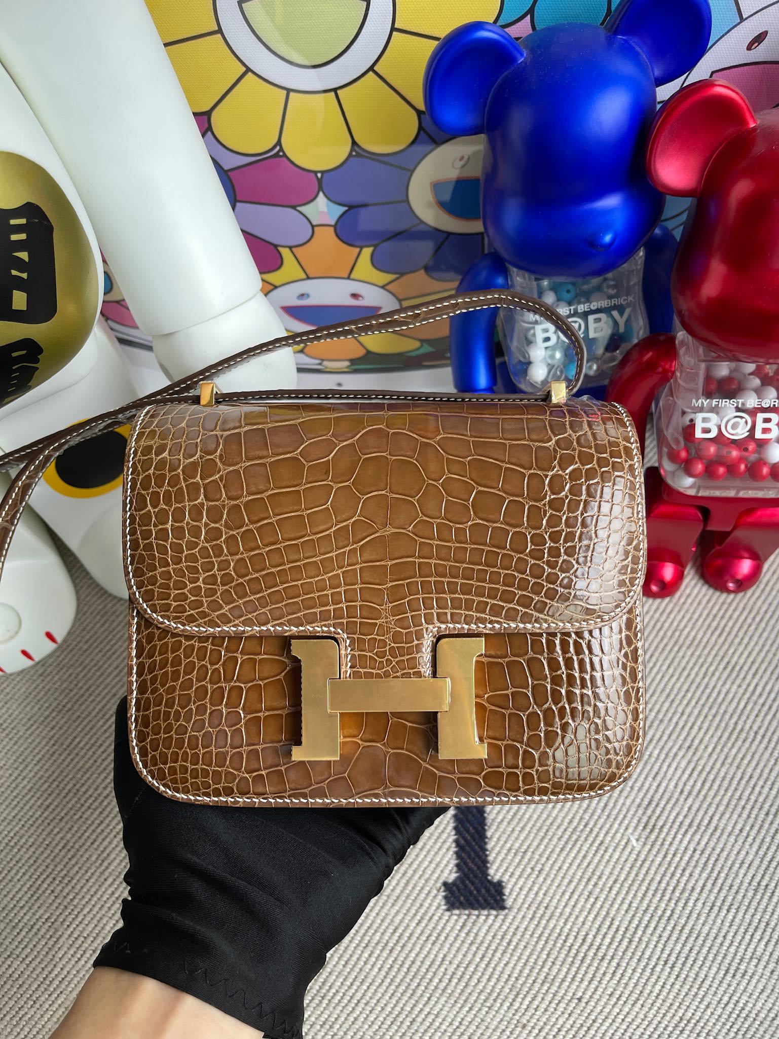 에르메스 콘스탄스18 브라운 금장 샤이니 악어가죽